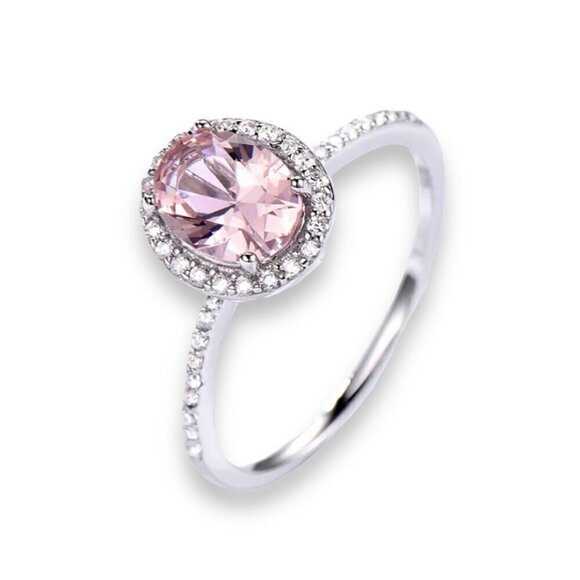 NWT Pink Sapphire Ring Sz.8 S925 Silver Halo Oval Solitaire Quiet Luxury Glam - Picture 3 of 10